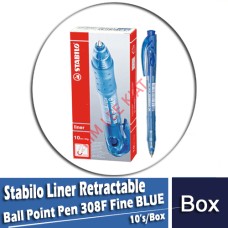 Ball Point Pen, Stabilo Liner Retractable (308F) Fine - BLUE 10's/box