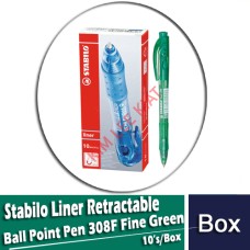 Ball Point Pen, Stabilo Liner Retractable (308F) Fine - GREEN 10's/box