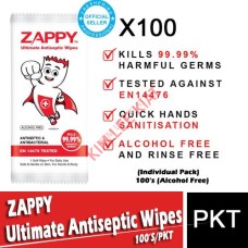 ZAPPY Ultimate Antiseptic Wipes (Individual Pack) 100's (Alcohol Free)