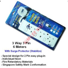 SUM 3 Way 3 Pin Ext Socket S533N-6 W/Neon Surge (6 Meter)