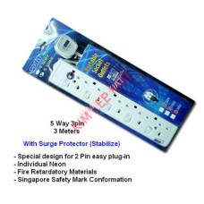 SUM 5 Way 3 Pin Ext Socket S535N-3 W/Neon Surge (3 Meter)
